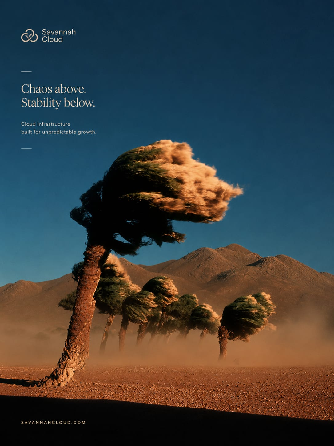 Chaos above. Stability below. — Savannah Cloud poster of palm trees bending in a desert windstorm