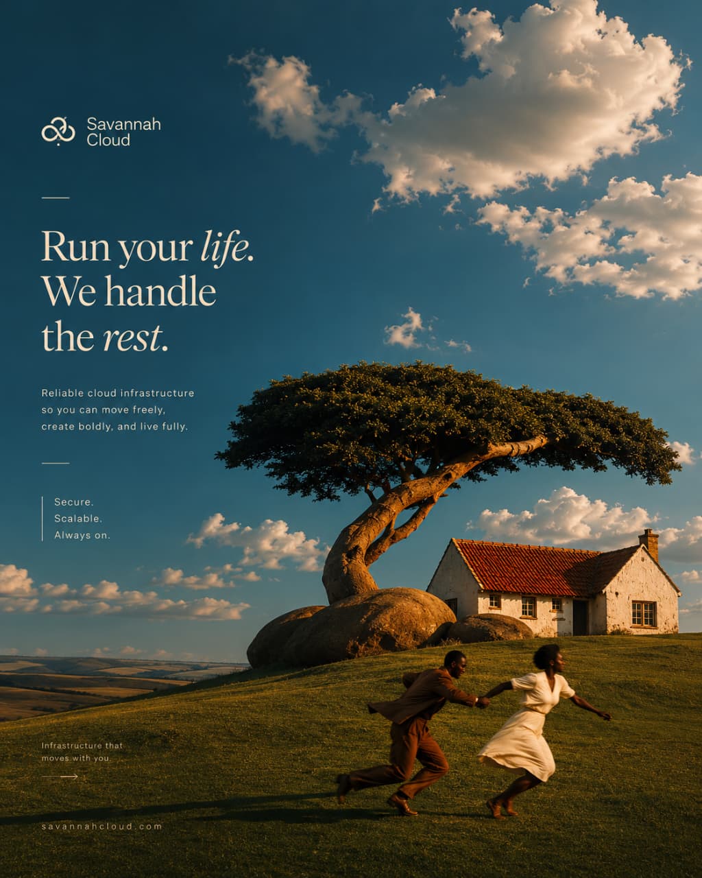 Run your life. We handle the rest. — Savannah Cloud poster of a couple running past an acacia tree at sunset